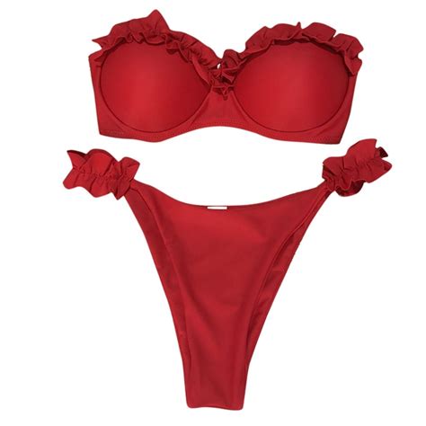 Solid Ruffle Bandeau Bikini Red Bikini Vicky Bikinis Bikinis