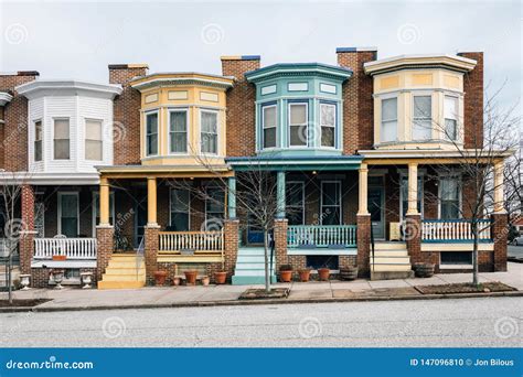 Colorful Brick Row Houses In Charles Village Baltimore Maryland