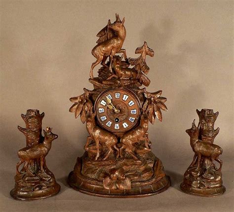 Carved Wood Chamois Clock With Two Candlesticks Ca Forest Clock