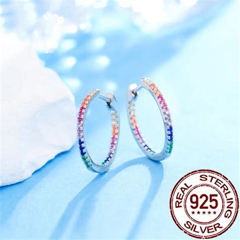 CWWZircons 925 Sterling Silver 5A Rainbow CZ Hoop Earrings For Women