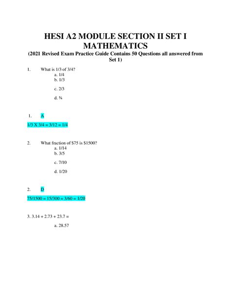 Hesi A2 Module Section Ii Mathematics Set 1 2021 Revised Exam Practice Guide Contains 50