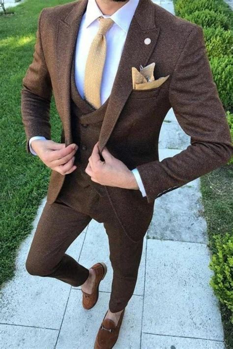 Men Tweed Brown Suit Tweed Wedding Suit 3 Piece Suit Dinner