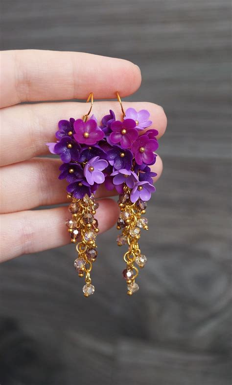 Purple Flower Earrings Lilac Flower Jewelry Dangle Earrings Etsy In