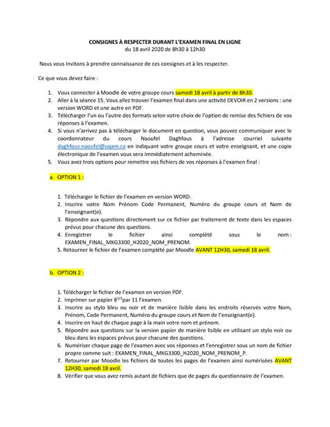 Consignes examen MKG3300 CONSIGNES À RESPECTER DURANT LEXAMEN FINAL