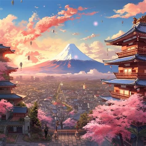 Premium Photo Anime Scenery Of A Pagoda And A Mountain With A Pink