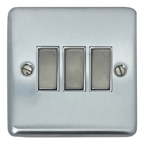 G H Contour Satin Chrome Light Switch 3 Gang White Insert Matching Switch