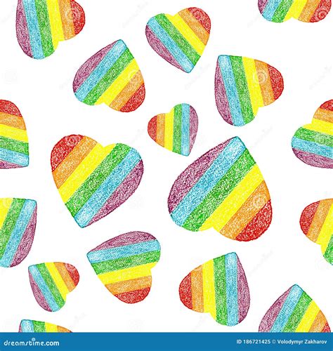 Seamless Pattern Of Hand Drawn Hearts In Lgbt Rainbow Flag Colors