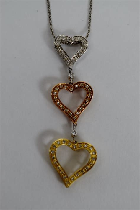 Sold Price 14k Tri Color Gold Triple Heart Pendant And Necklace