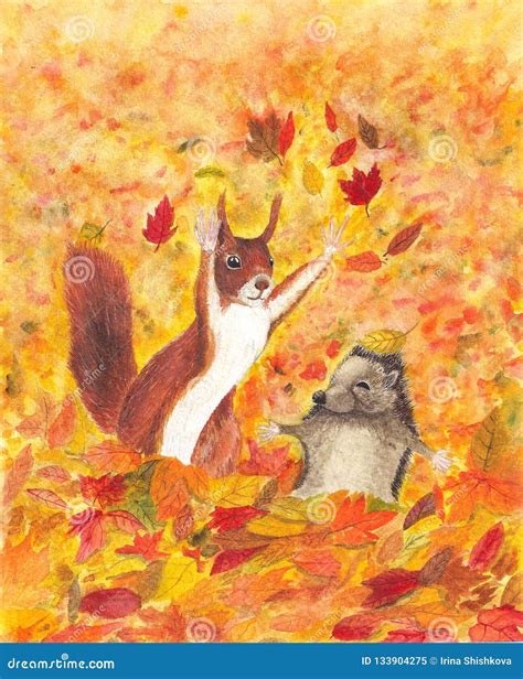 Autumn Squirrel And Hedgehog Watercolor Stock Illustration