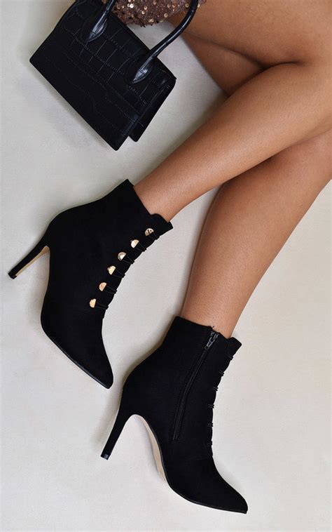 Matilda Faux Suede Lace Up Ankle Heeled Boots With Zip Detail In Black