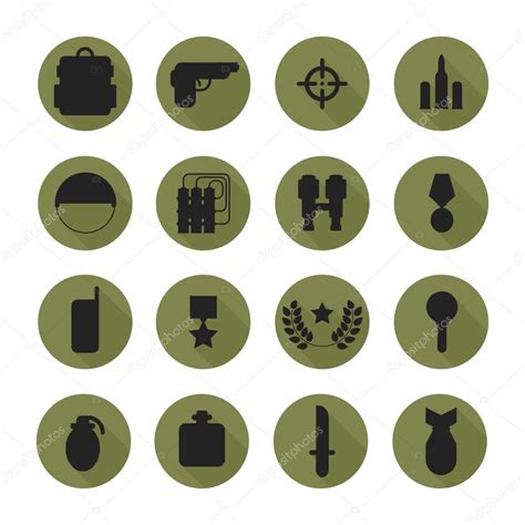 Military Silhouette Pictogram And War Icons Set With Long Shadow Army