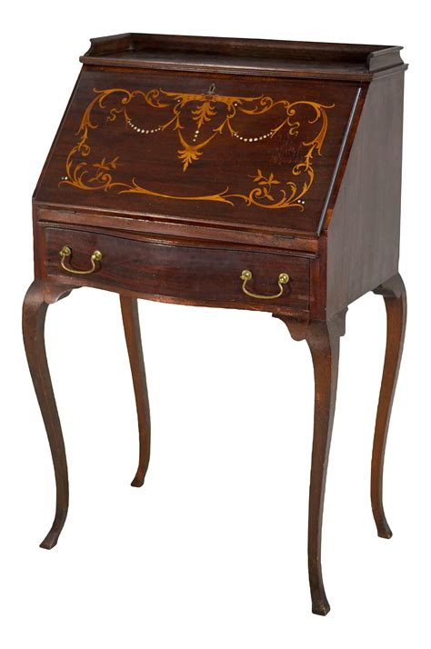 Antique Mahogany Slant Front Bone Inlay Secretary Desk On