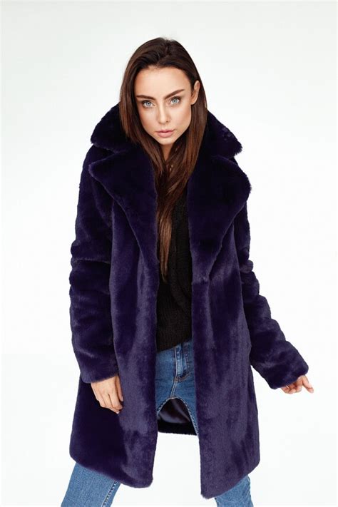 Navy Blue Faux Fur Coat With A Classic Collar Etsy