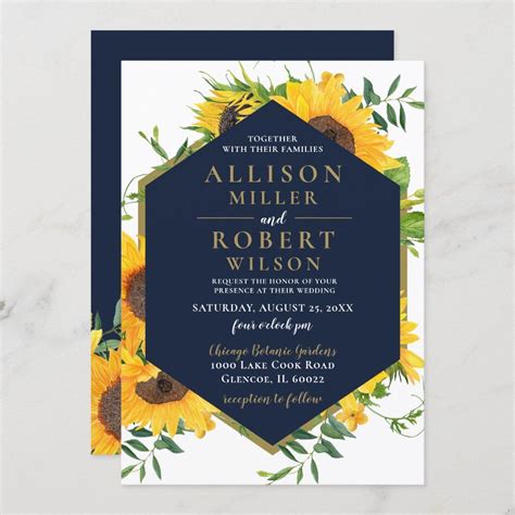 Watercolor Navy Blue Sunflower Rustic Wedding Invitation Zazzle