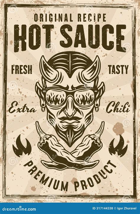 Hot Sauce Vintage Poster With Devil Head And Two Crossed Chili Peppers Vector Illustration