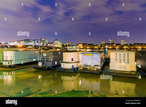 Boats Along The River Thames At Night Stock Photo Alamy