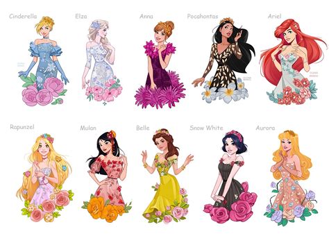 Disney Princesses In Floral Dresses And Flower Crowns