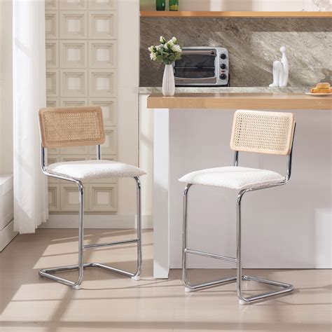 Zesthouse Rattan Counter Stools Set Of Boucle Fabric Chrome