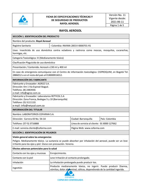 Msds Rayol Aerosol V Hoja De Datos De Seguridad Del Producto