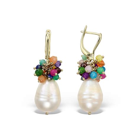 cercei din aur perla baroque  pietre multicolore