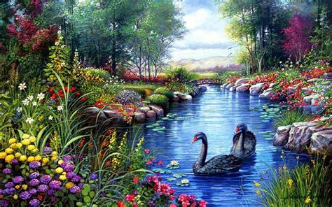 Black Swans Trees River Flowers Painting Hd Wallpaper : Wallpapers13.com