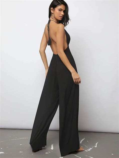 Plunging Neck Tied Backless Wide Leg Jumpsuit Comfy Jumpsuits