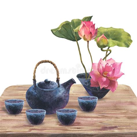 Watercolor Illustration Of Japan Tea Ceremony Composition Of Dark Blue