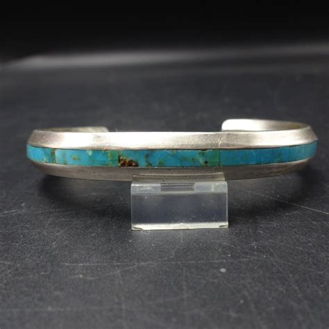 Vintage NAVAJO Heavy Gauge Sterling Silver TURQUOISE CHANNEL INLAY Cuff