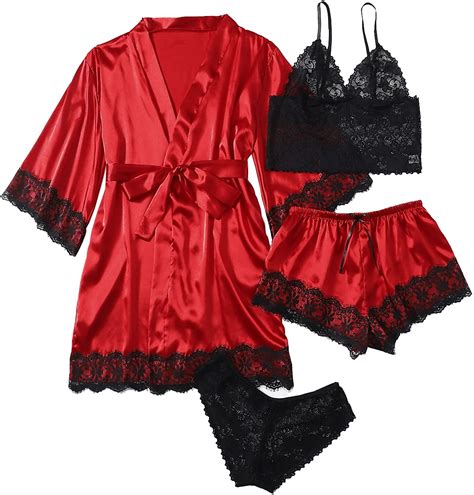 Soly Hux Womens Sleepwear 4pcs Floral Lace Trim Satin Cami Pajama Set