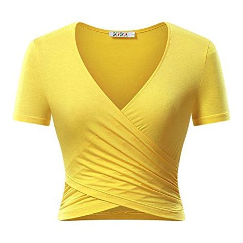 Vetior Womens Deep V Neck Short Sleeve Unique Slim Fit Cross Wrap Shirts Crop Tops Slim Fit