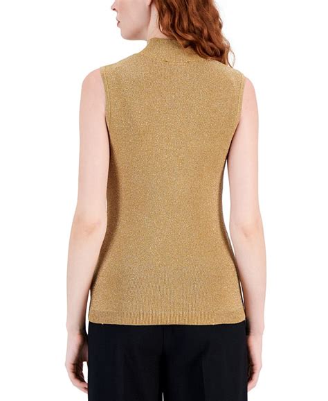 Tahari Asl Womens Metallic Knit Mock Neck Sleeveless Top Macys