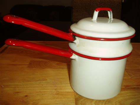 Vintage Red White Enamelware Double Boiler Pot Mini Size