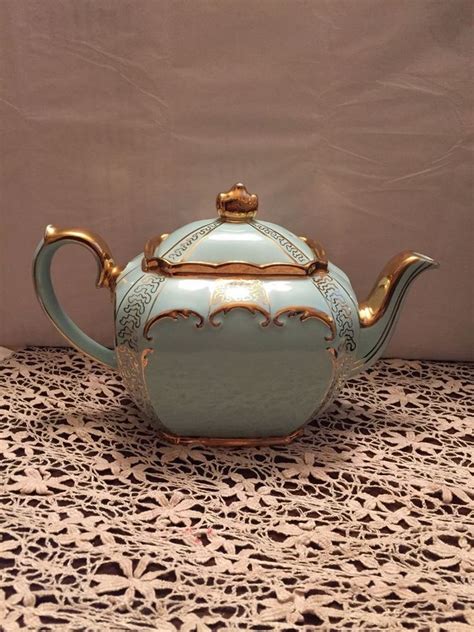 Sadler Cube Shape Teapot Turquoise With Gold Trim Ebay Tea Pots