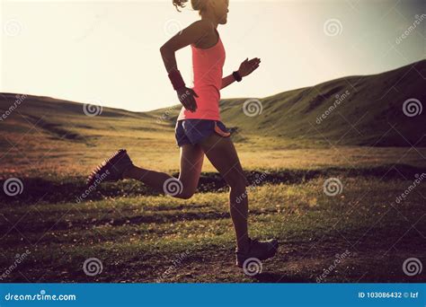 Corredor Da Mulher Que Corre Na Fuga Da Pastagem Foto De Stock Imagem