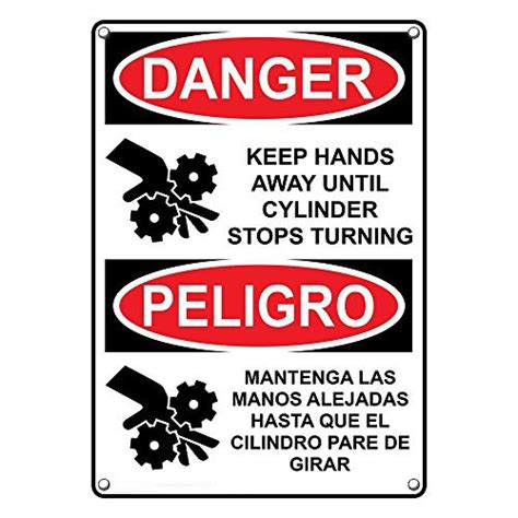 Weatherproof Plastic Vertical Osha Danger Keep Hands Away Cylinder Turning Bilingual Sign With