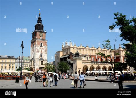 Rynek Glowny Main Market Square Town Hall Tower Krakow Poland Stock