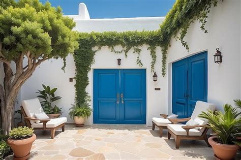 Premium AI Image | Santorini style architecture with armchairs plant ...