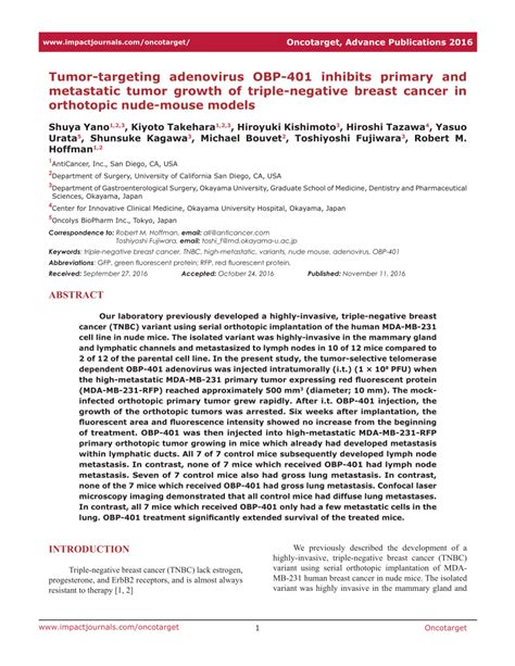 PDF Tumor Targeting Adenovirus OBP 401 Inhibits Primary And