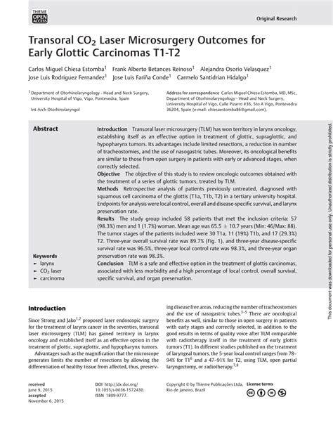 Pdf Transoral Co2 Laser Microsurgery Outcomes For Early Glottic Carcinomas T1 T2