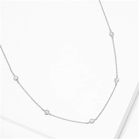 White Gold Dipped Brass Metal Round CZ Station Necklace