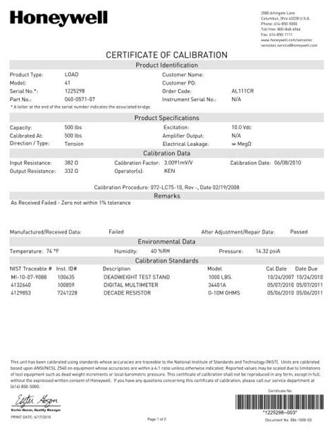 Certificate Of Calibration Honeywell Test And