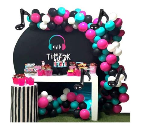 105pcs Tik Tok Theme Party Hot Pink Black White Tiffany And Music Note Foil Balloons Garland And