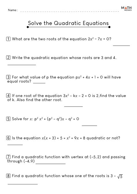 Quadratic Formula Worksheets Math Monks