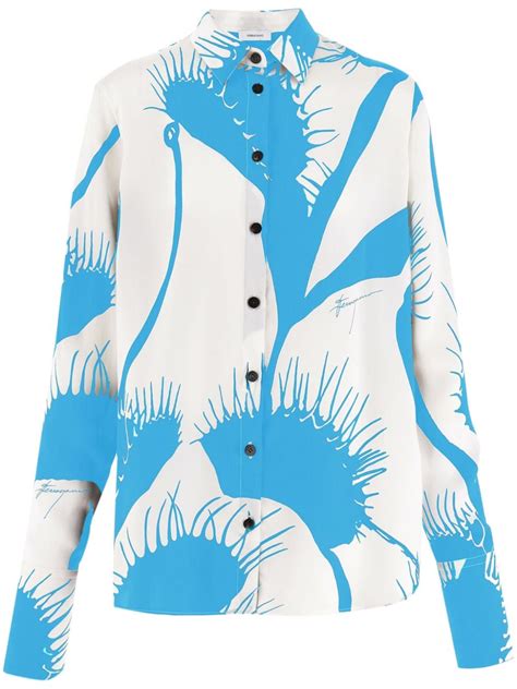 Ferragamo Venus Print Silk Shirt Blue Farfetch