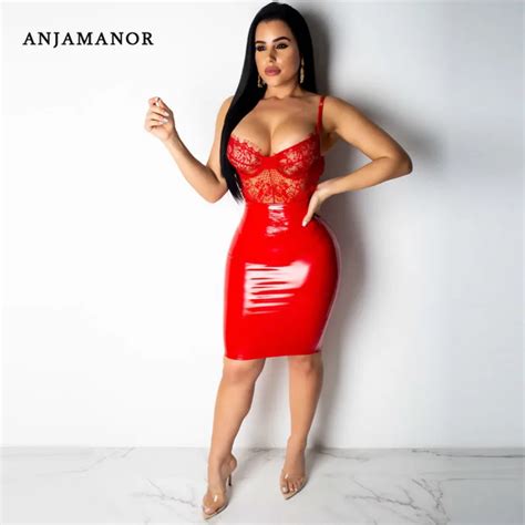 Anjamanor Lace Pu Leather Sexy Dresses Party Night Club Dress 2019