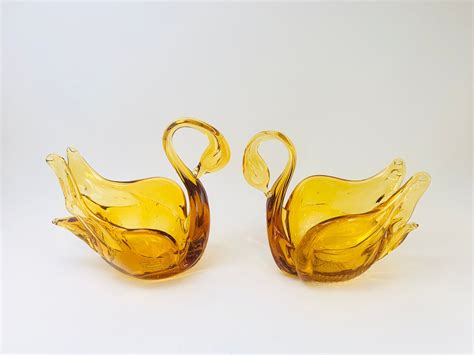 Vintage Art Glass Amber Swans Etsy