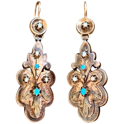 Victorian Turquoise And Pearl 14 Karat Yellow Gold Drop Earrings For Sale At 1stdibs