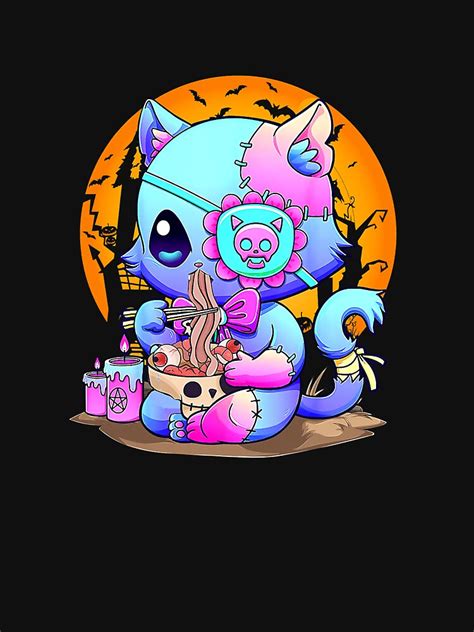 Kawaii Creepy Cat Eating Ramen Noodles Pastel Goth Halloween T Shirt