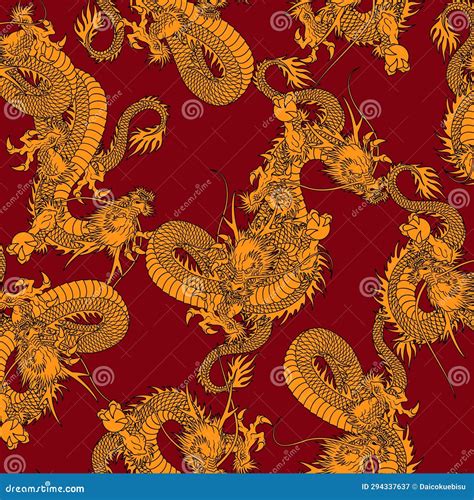 Seamless Pattern With Classic Japanese Dragons Stock Vector