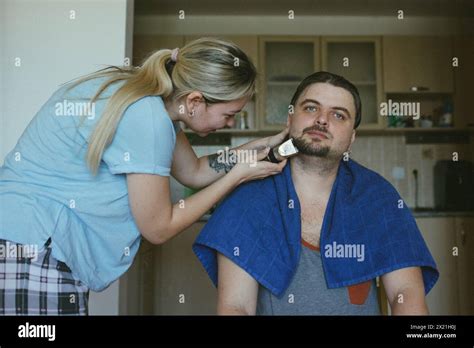 Haircut At Home Wife Gives Her Husband A Funny Haircut With A Trimmer